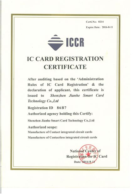 China Shenzhen jianhe Smartcard Technology Co.,Ltd Certification